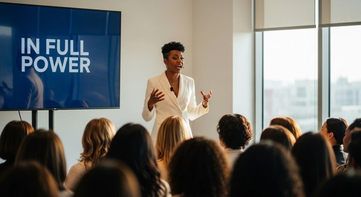 A conceptual image of Jasmine presenting on an In Full Power stage.
