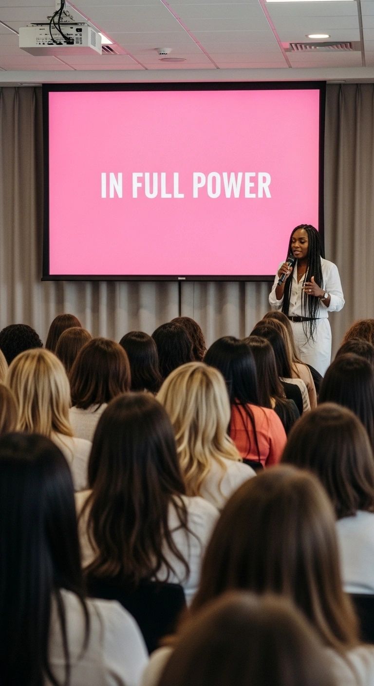 A conceptual image of Jasmine speaking on an In Full Power stage.
